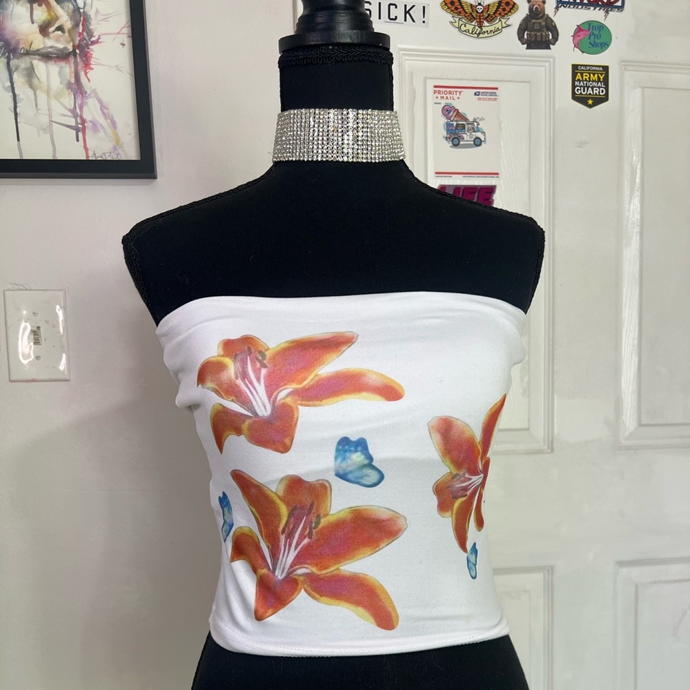 Floral Tube Top - White with Orange and Blue Accents